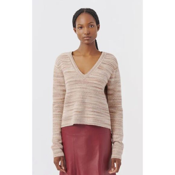 ATM Anthony Thomas Melillo Cotton Blend V-Neck Fuzzy Sweater Mocha Brown Small - Picture 1 of 8